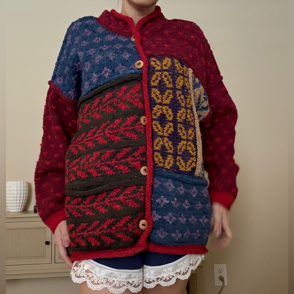 Amano Hand Knitted Multicolor Patchwork Wool Chunky Cardigan Sweater Medium - Picture 9 of 9